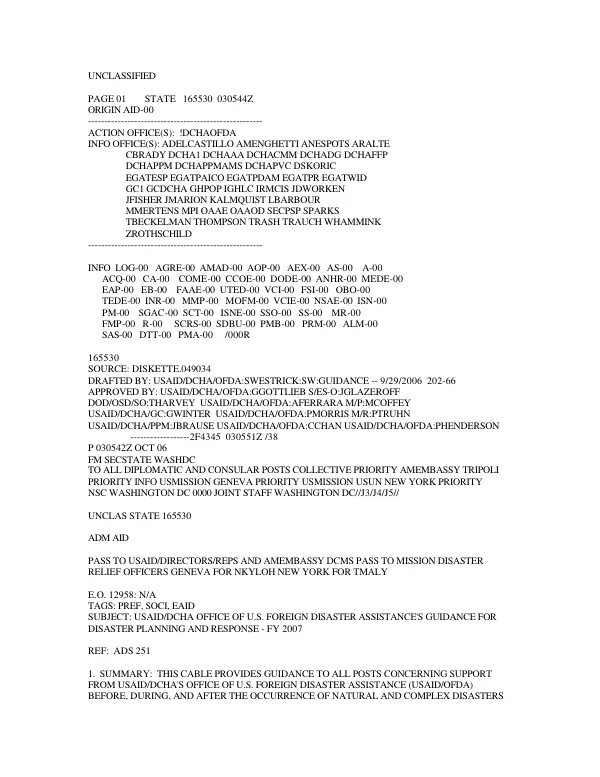 USAID/DCHA Office of U.S. Foreign Disaster Assistance"s guidance for disaster planning and response -- FY 2007