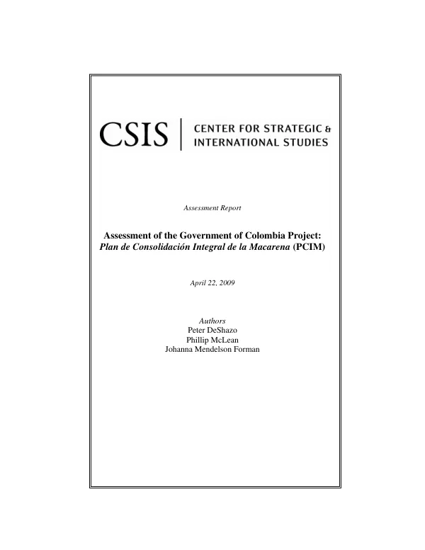 Assessment of the Government of Colombia project : Plan de consolidacion integral de la Macarena (PCIM)