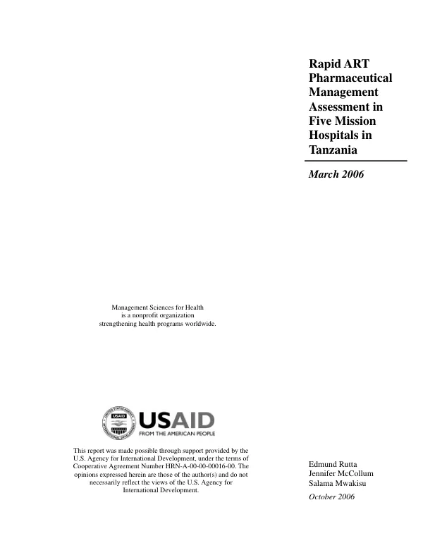 Rapid ART pharmaceutical management assessment in five mission hospitals in Tanzania, March 2006