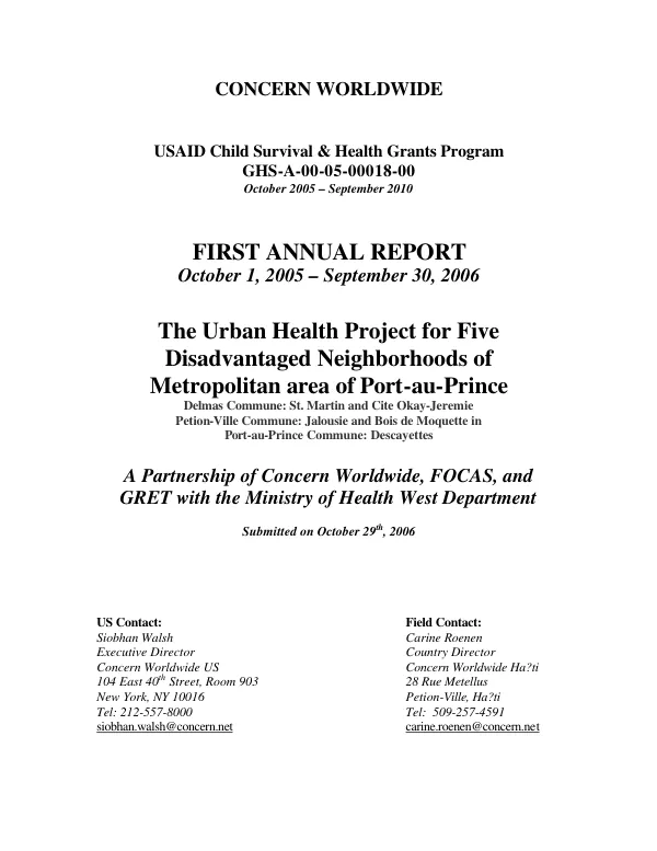 First annual report, October 1, 2005-September 30, 2006 : the urban health project for five disadvantaged neighborhoods of metropolitan area of Port-au-Prince