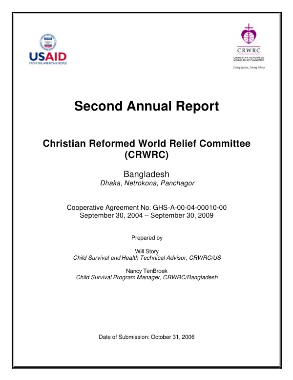 Second annual report : Christian Reformed World Relief Committee (CRWRC) -- Bangladesh : Dhaka, Netrokona, Panchagor -- cooperative agreement no. GHS-A-00-04-00010-00