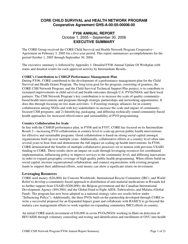 CORE child survival and health network program : cooperative agreement GHS-S-00-05-00006-00 -- FY06 annual report, October 1, 2005-September 30, 2006