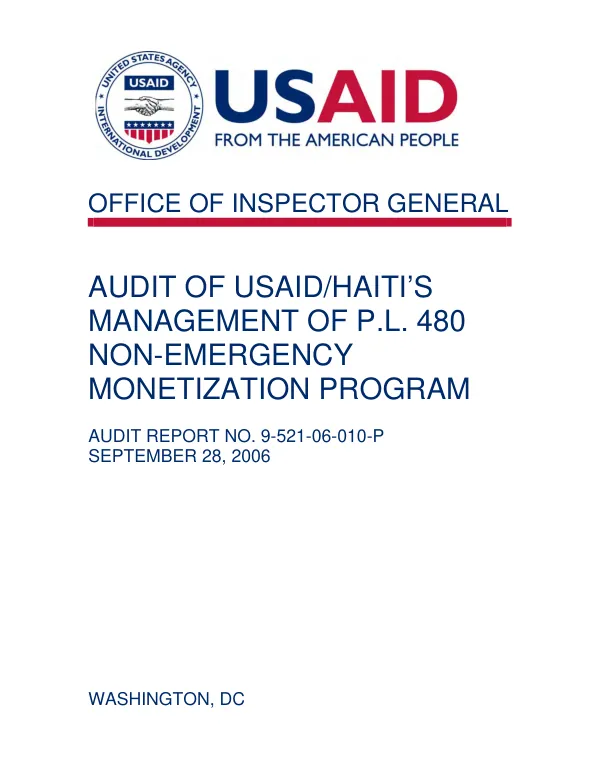 Audit of USAID/Haiti"s management of P.L. 480 non-emergency monetization program