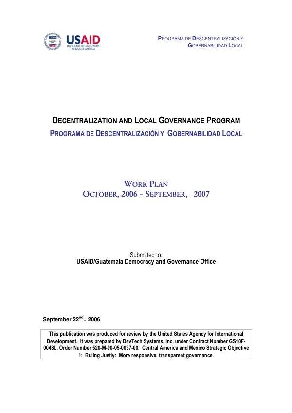 Decentralization and local governance program (programa de descentralizacion y gobernabilidad local) : work plan - October, 2006-September, 2007