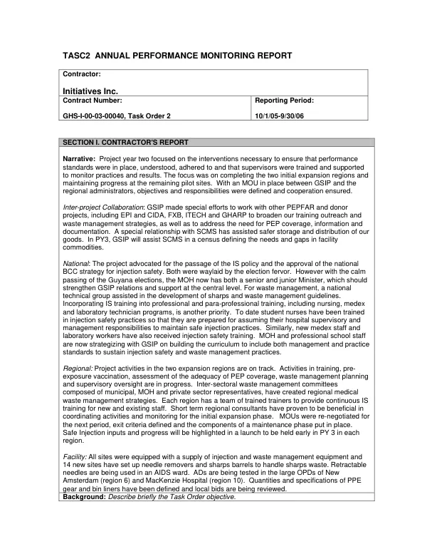 TASC2 (technical assistance and support contract 2) annual performance monitoring report [October 1, 2005-September 30, 2006]