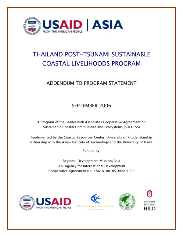 Thailand post-tsunami sustainable coastal livelihoods program : addendum to program statement