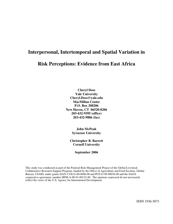 Interpersonal, intertemporal and spatial variation in risk perceptions : evidence from East Africa