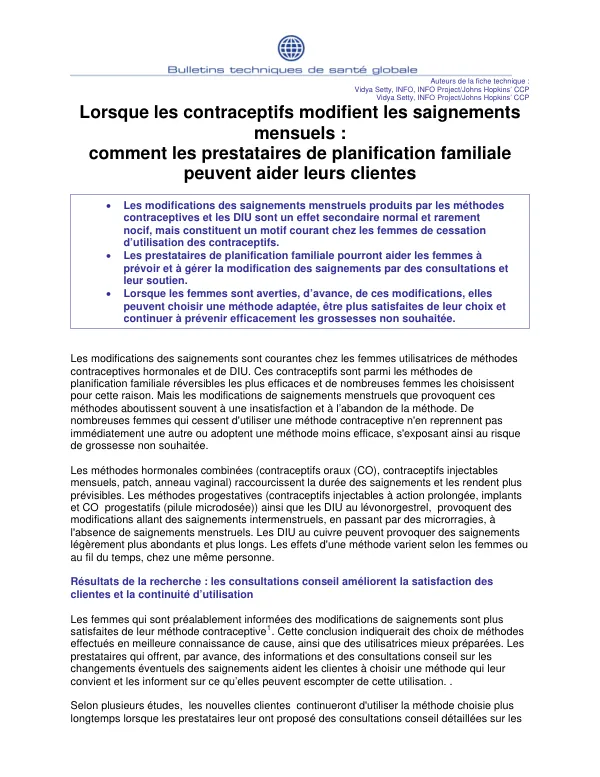 Lorsque les contraceptifs modifient les saignements mensuels : comment les prestataires de planification familiale peuvent aider leurs clientes