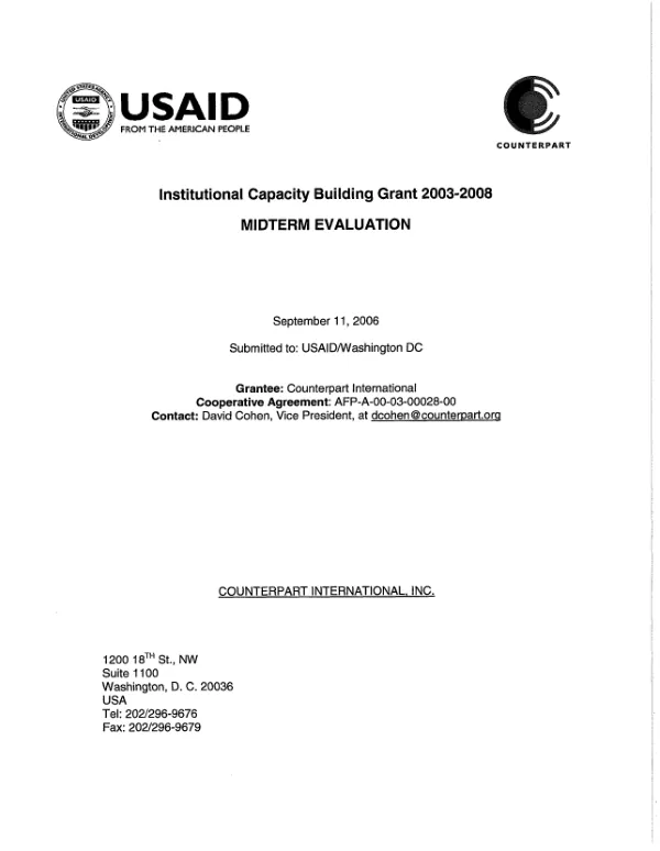 Institutional capacity building grant 2003-2008 : midterm evaluation -- Counterpart International, Inc.