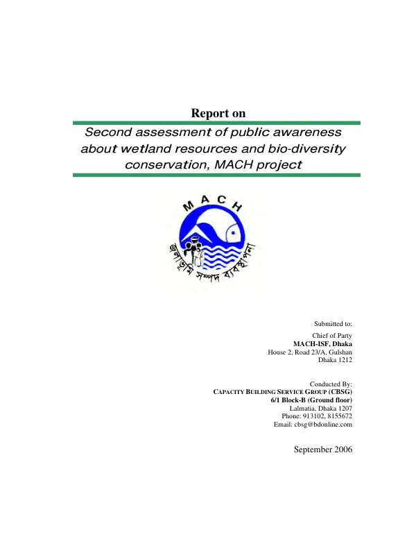 Report on second assessment of public awareness about wetland resources and bio-diversity conservation, MACH project