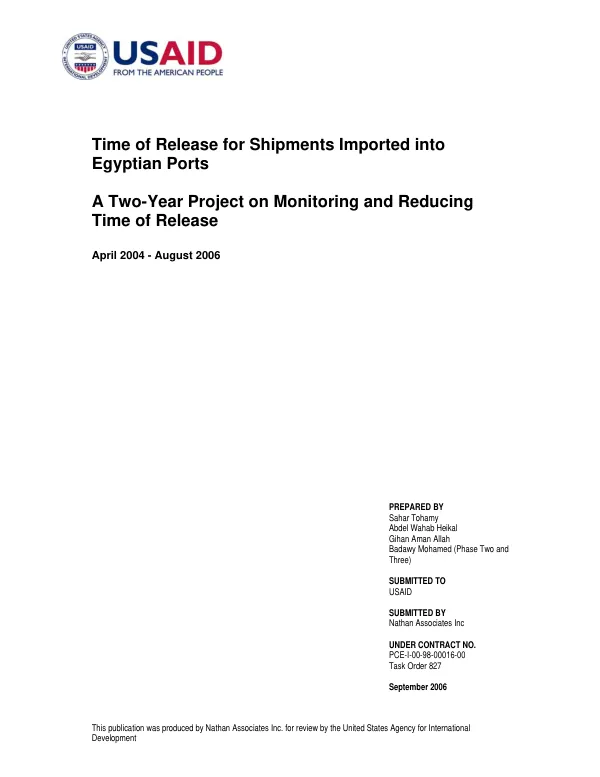 Time of release for shipments imported into Egyptian ports : a two-year project on monitoring and reducing time of release, April 2004-August 2006