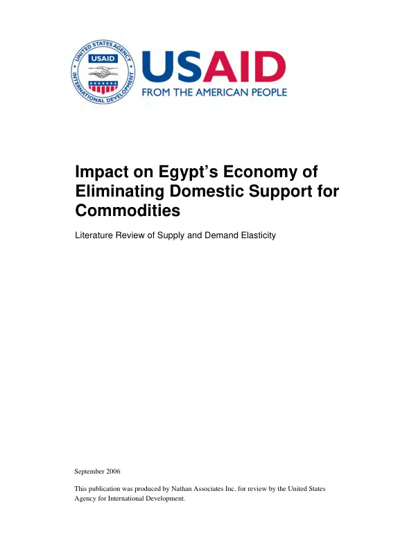 Impact on Egypt"s economy of eliminating domestic support for commodities : literature review of supply and demand elasticity