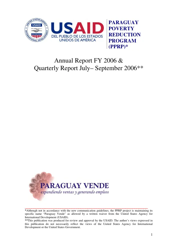 Paraguay poverty reduction program (PPRP) : annual report FY 2006 & quarterly report July-September 2006