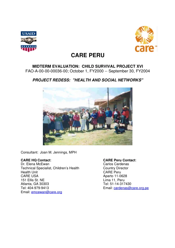 CARE Peru : midterm evaluation -- child survival project XVI : FAO-A-00-00-00036-00 [i.e. FAO-A-00-00-00030-00] -- October 1, FY2002-September 30, FY2004 : project REDESS, "health and social networks"