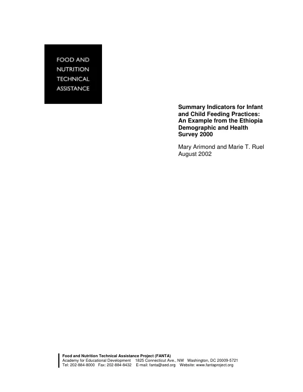 Summary indicators for infant and child feeding practices : an example from the Ethiopia demographic and health survey 2000