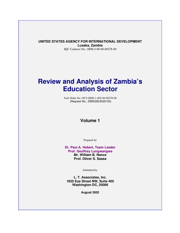 Review and analysis of Zambia"s education sector : volume 1