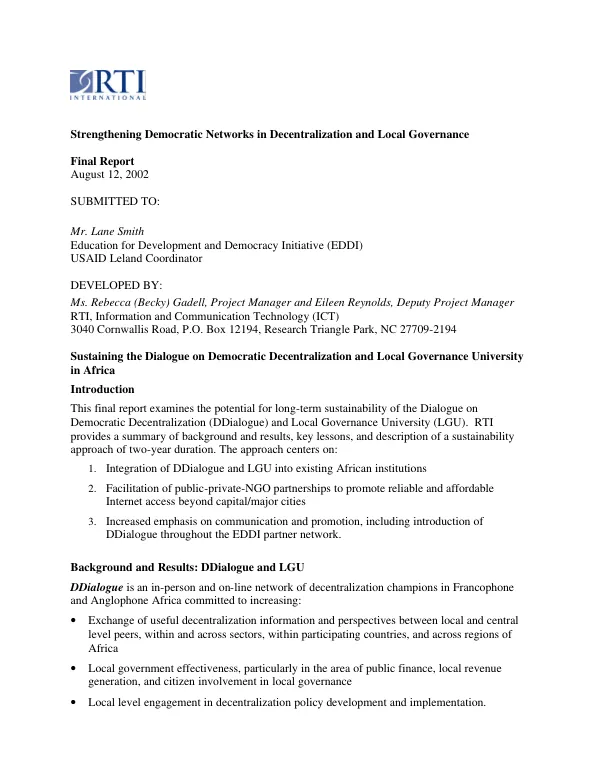 Sustaining the dialogue on democratic decentralization and local governance university in Africa : final report
