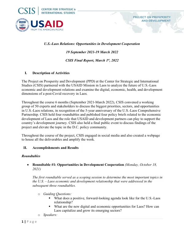 U.S.-Laos Relations: Opportunities in Development Cooperation
