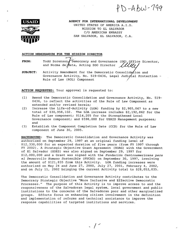 Activity amendment for the democratic consolidation and governance activity, no. 519-0436, legal judicial protection - rule of law (ROL) component