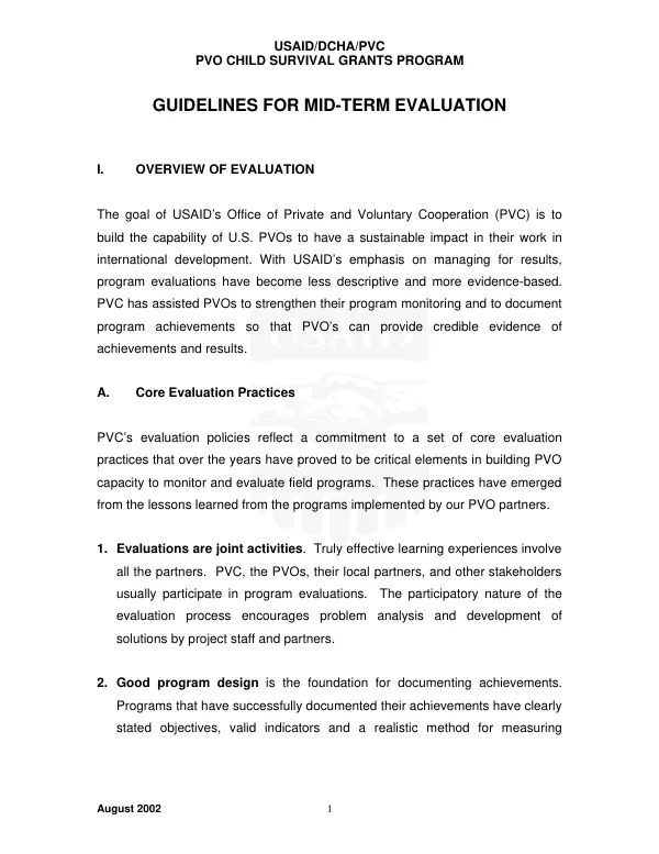 USAID/DCHA/PVC : PVO child survival grants program -- guidelines for mid-term evaluation