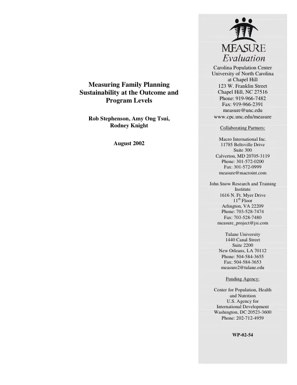 Measuring family planning sustainability at the outcome and program levels