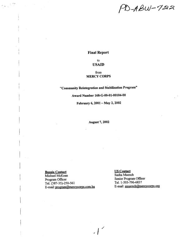 Final report to USAID from Mercy Corps : "community reintegration and stabilization program"-- award number 168-G-00-01-00104-00 : February 6, 2001-May 2, 2002