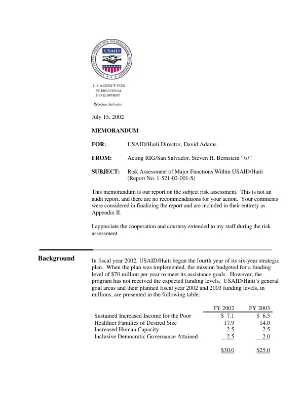 Risk assessment of major functions within USAID/Haiti
