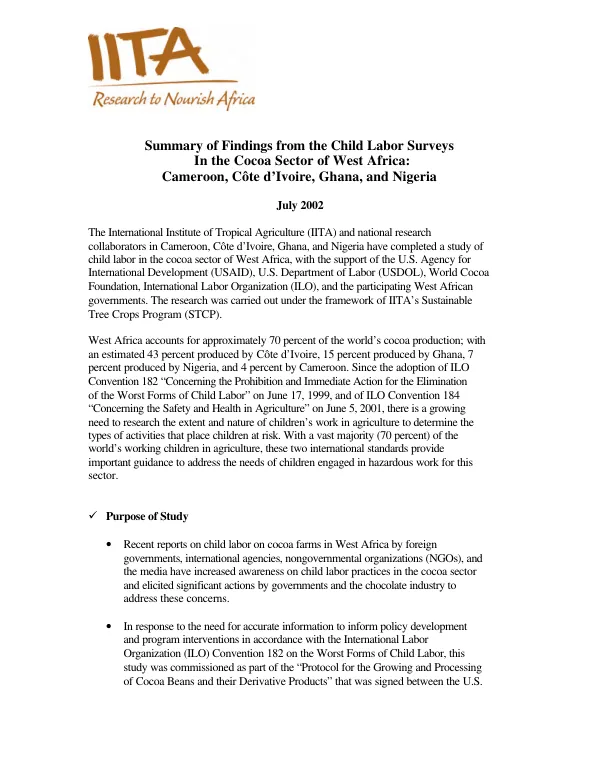 Summary of findings from the child labor surveys in the cocoa sector of West Africa : Cameroon, Cote d"Ivoire, Ghana, and Nigeria
