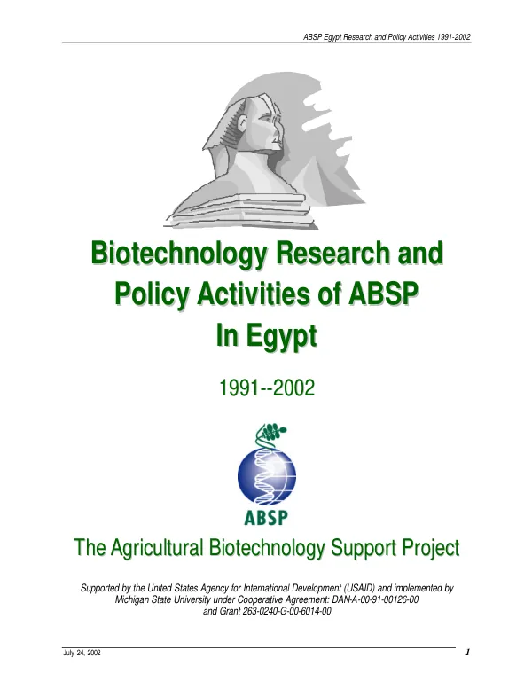 Biotechnology research and policy activities of ABSP in Egypt 1991-2002