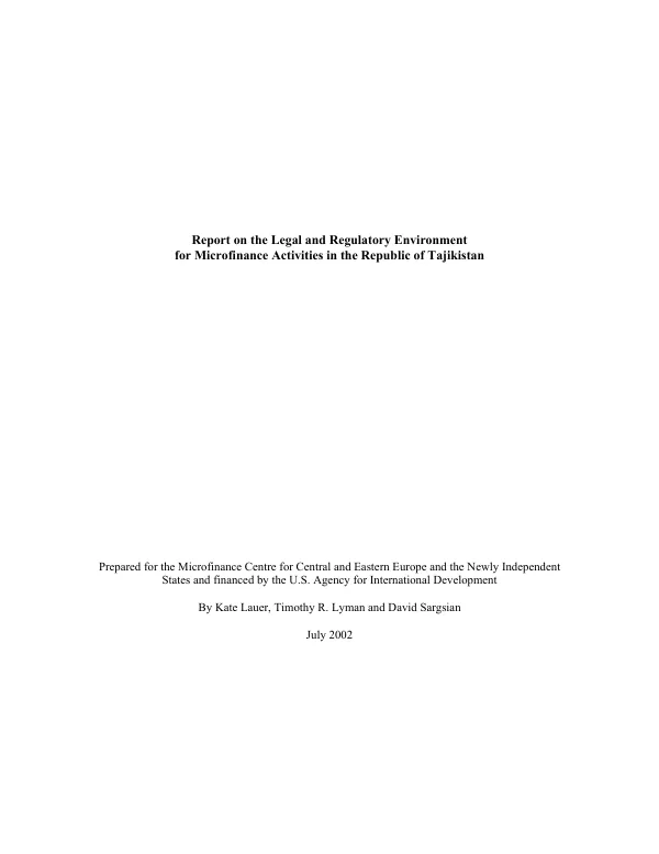 Report on the legal and regulatory environment for microfinance activities in the Republic of Tajikistan