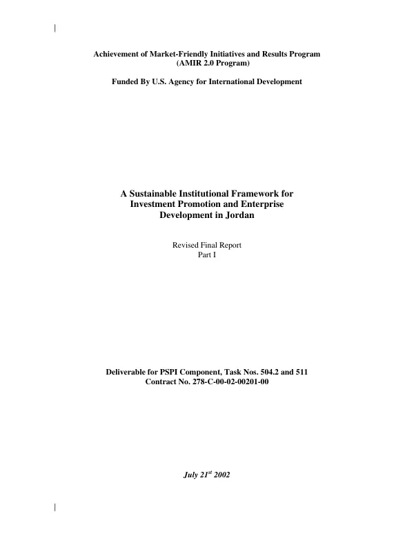Sustainable institutional framework for investment promotion and enterprise development in Jordan : revised final report -- part I