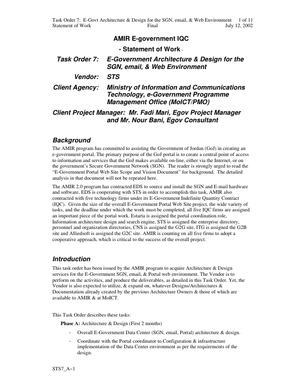 AMIR E-government IQC [indefinite quantity contract] : statement of work -- task order 7 : E-Government architecture & design for the SGN [secure government network], email & Web environment