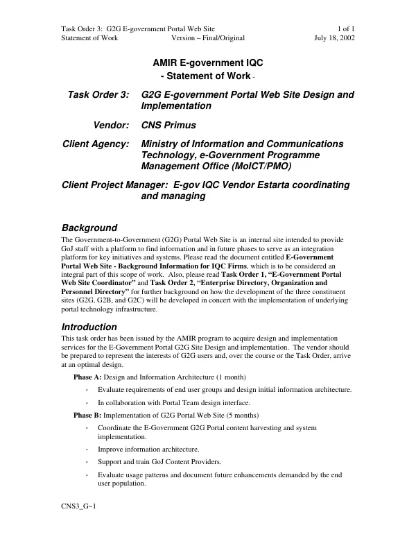 AMIR E-government IQC [indefinite quantity contract] : statement of work -- task order 3 : G2G E-government portal web site design and implementation