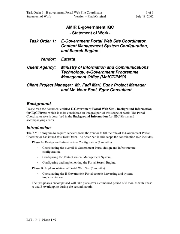 AMIR E-government IQC [indefinite quantity contract] : statement of work -- task order 1 : E-Government portal web site coordinator, content management system configuration, and search engine