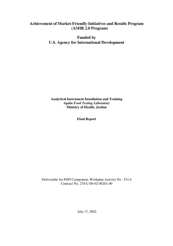 Analytical instrument installation and training : Aqaba Food Testing Laboratory, Ministry of Health, Jordan -- final report