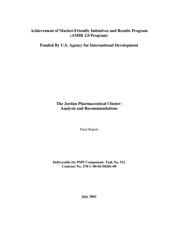 Jordan pharmaceutical cluster : analysis and recommendations -- final report