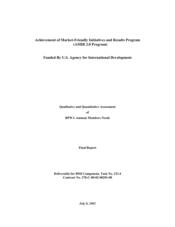 Qualitative and quantitative assessment of BPWA [Business & Professional Women Associations] members needs : final report