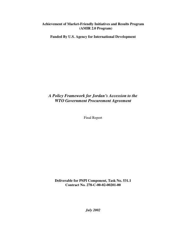 Policy framework for Jordan"s accession to the WTO [World Trade Organization] government procurement agreement : final report