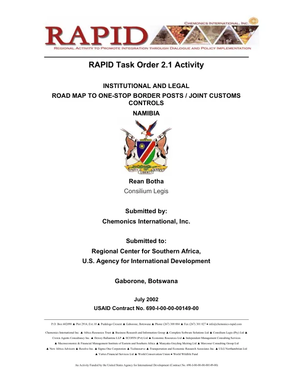 Institutional and legal road map to one-stop border posts/joint customs controls : Namibia