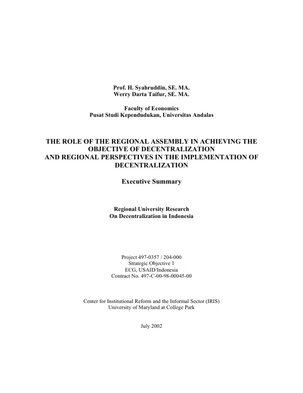 Role of the regional assembly in achieving the objective of decentralization and regional perspectives in the implementation of decentralization : executive summary