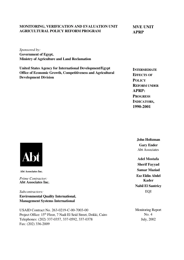 Intermediate effects of policy reform under APRP [agricultural policy reform program] : progress indicators, 1990-2001