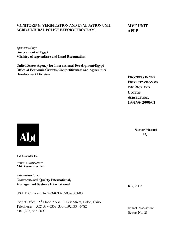 Progress in the privatization of the rice and cotton subsectors, 1995/96-2000/01