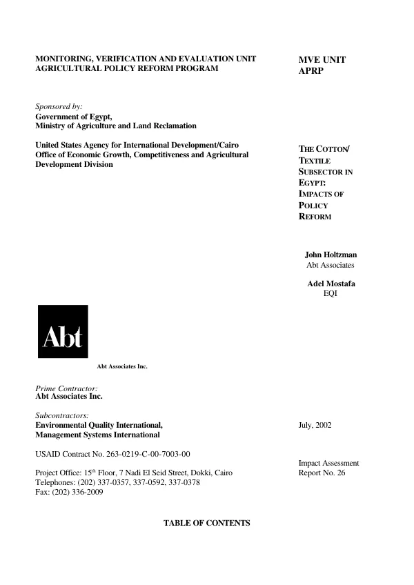 Cotton/textile subsector in Egypt : impacts of policy reform