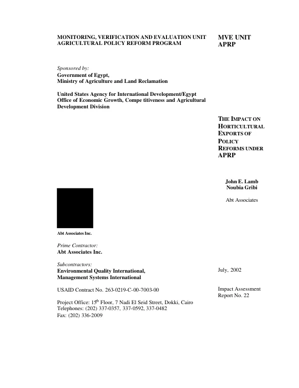 Impact on horticultural exports of policy reforms under APRP [agricultural policy reform program]