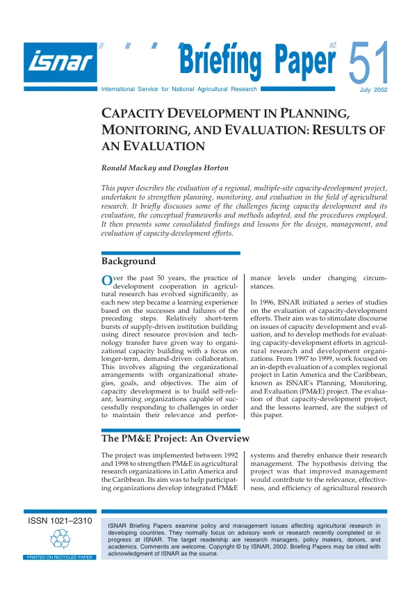 Capacity development in planning, monitoring, and evaluation : results of an evaluation