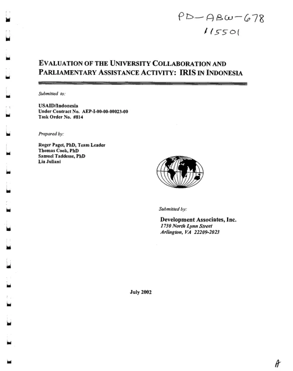 Evaluation of the university collaboration and parliamentary assistance activity : IRIS [institutional reform and the informal sector] in Indonesia