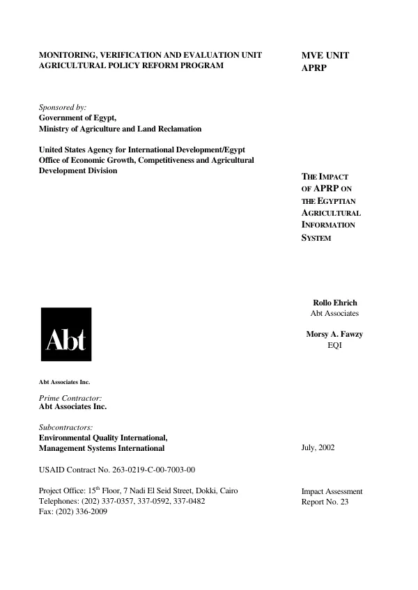 Impact of APRP [agricultural policy reform program] on the Egyptian agricultural information system