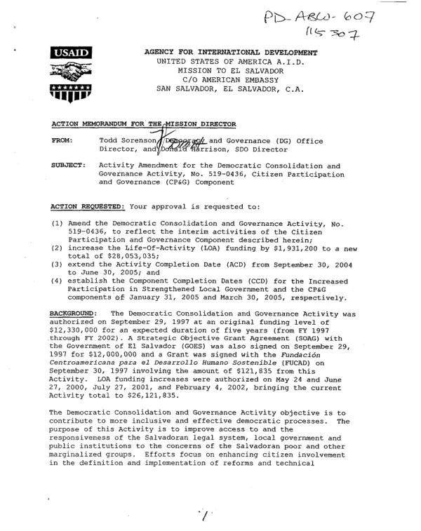 Activity amendment for the democratic consolidation and governance activity, no. 519-0436, citizen participation and governance (CP&G) component