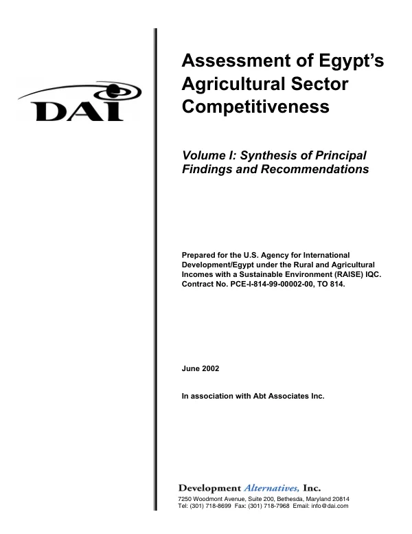 Assessment of Egypt"s agricultural sector competitiveness. Volume I : synthesis of principal findings and recommendations