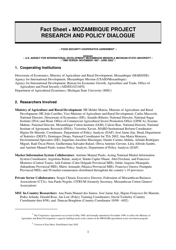 Fact sheet : Mozambique project -- research and policy dialogue [: final report]